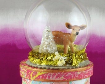 Small glass cloche. Deer with Christmas tree diorama.