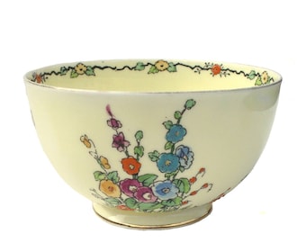 Rare Vintage 1920s Crown Staffordshire Large Art Deco Bowl Hand Painted Gilt Porcelain Hollyhocks English Pottery Shabby Chic Ceramic