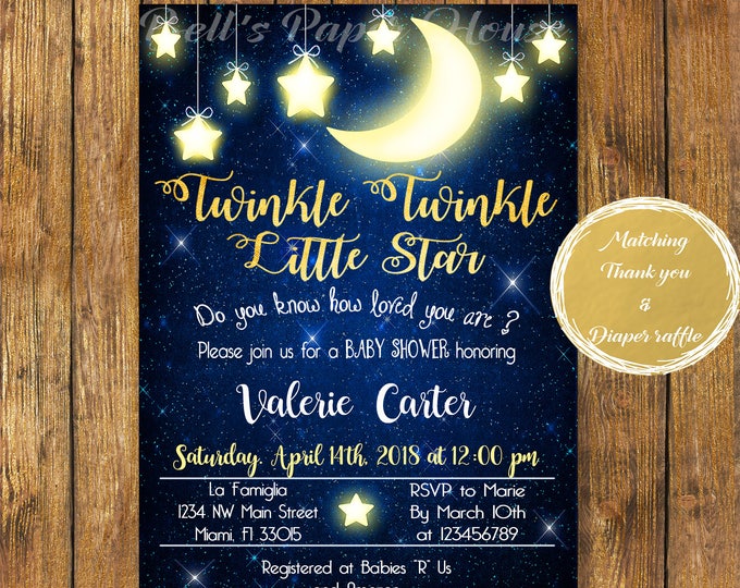 Digital file or Printed-Twinkle Twinkle Little Star Baby Shower Invitation-How We Wonder What You Are-Customize-Free Shipping