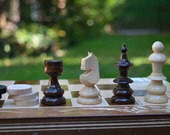 Board game, Chess set, Backgammon Board set, family game, gift for grandfather gift for friend, wooden Chess Backgammon set in one board
