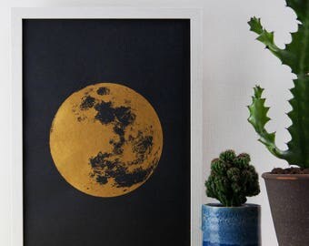 Moon Print, Gold Print, Realistic Moon, Boho, Bohemian, Poster, A3 Art Print, Print, Screenprint, Gift Idea, Print