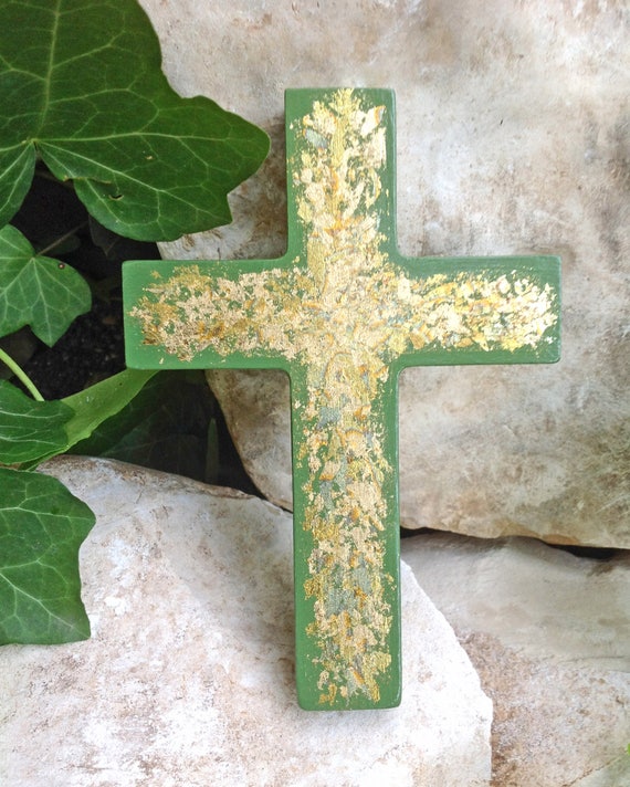 Gold Leaf Wooden Cross Modern Wall Cross Green Decorative