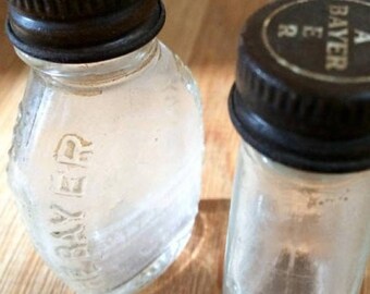 2 Different Bayer Aspirin Bottles, Vintage, Embossed glass with lids, 2.5"!!! **** FREE SHIPPING****