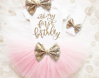 Baby Girl 1st Birthday Outfit | It's My 1st Birthday Girl Outfit | Cake Smash Outfit | Pink And Gold 1st Birthday Tutu Set | Baby Girl Shirt