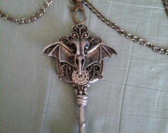 Steampunk Necklace, Diesel punk Raven Skull Key Pendant on 26" chain, Gothic Raven Skull Chain Necklace, Steampunk Raven Skull Pendant
