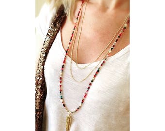 Colorful agate and Golden Feather necklace