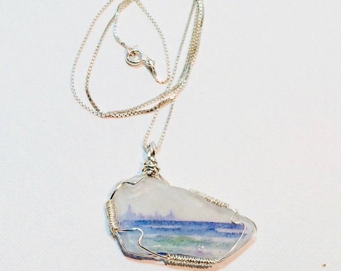 Beach Glass pendant - Wire Wrap Beach Scene Beach Glass -Lake Michigan - Chicago Skyline - 19" Sterling Silver Chain