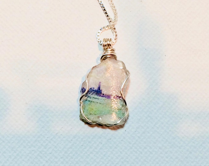 Tiny Beach Glass jewelry women - Gift for Wife - Wire Wrap Beach Scene Beach Glass -Lake Michigan - Chicago Skyline - Sterling Chain