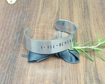 Roman Numeral Date Bracelet, Hidden Message Jewellery, Gifts For Him, Personalised Hand Stamped Cuff Bracelet,