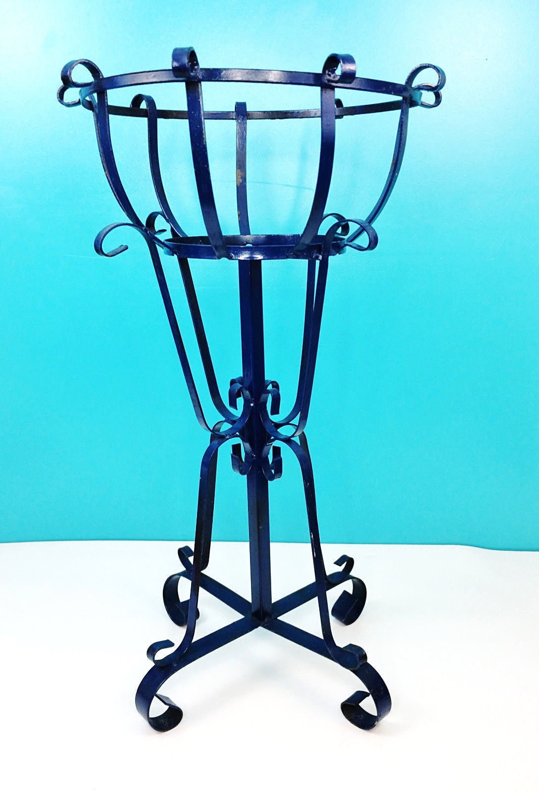 Vintage Ornate Scroll Royal Blue Wrought Iron Plant Fern Stand 27