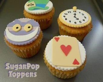 Wonderland Party! Fondant Alice in Wonderland Cupcake Toppers ( Alice cupcake toppers, Onederland birthday, Cheshire Cat, Disney )