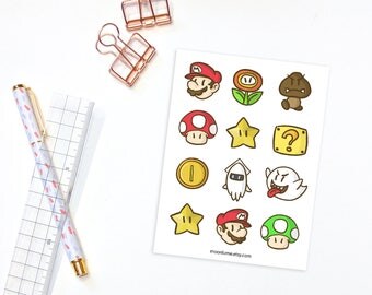 Super Mario sticker sheet - 12 planner stickers, decorative stickers, super mario bros stickers, mario fanart, mario stickers