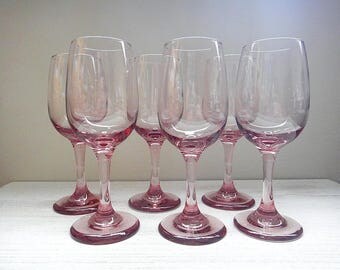 Libbey Plum Pink Rose Wine Glass, Set of 6, Premier Pattern Plum White Wine Glasses, Vintage Barware, Vintage Stemware Goblet