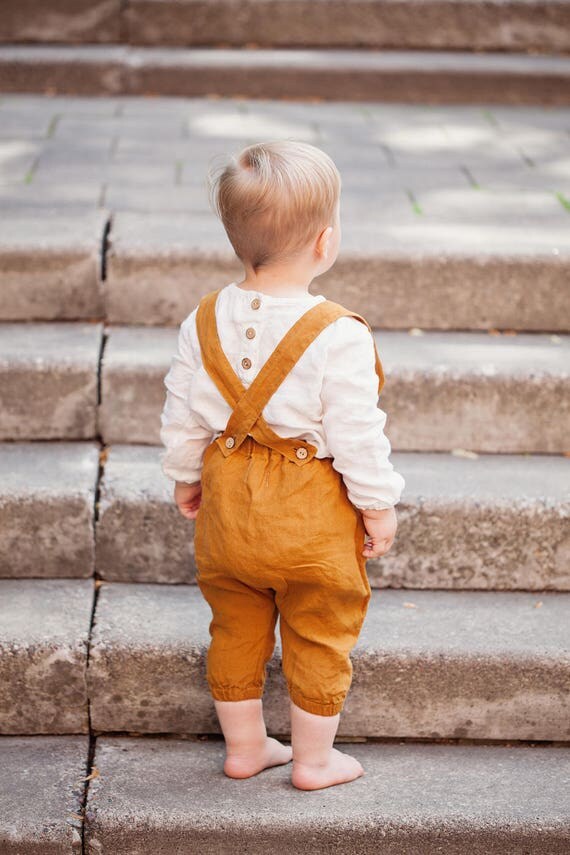 Linen Baby Trousers Yellow Pants Trousers with Suspenders