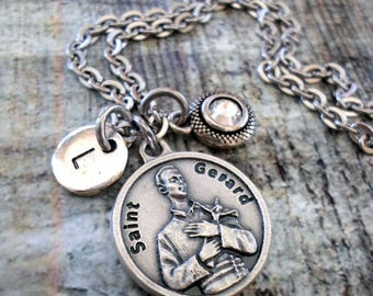 St. Gerard Fertility Prayer, Expectant Mothers, Personalized Necklace, Swarovski Birthstone Crystal, Monogram Initial, All Sizes