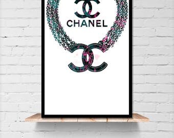 Chanel Inspired Jewelry Instant Download - Chanel Blue Wall Art - Chanel Jewelry Illustration Printable - Chanel Inspired Fashion Art Decor