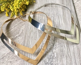 Geometric Collar Silver Gold Multi Layer Metal Choker Necklace - Short Necklace, Chokers, Pointed Necklace, Gifts for Her, Gift for Her