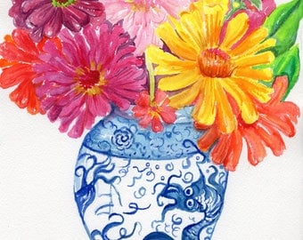 Original Zinnia watercolor painting original, zinnias in blue and white vase, zinnia wall art, watercolor flowers zinnias painting floral