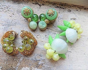 FREE SHIPPING Vintage Lot Clip Earrings Destash Green Gold White
