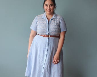 vintage plus size dress | 50s powder blue plus size shirt dress | XXL