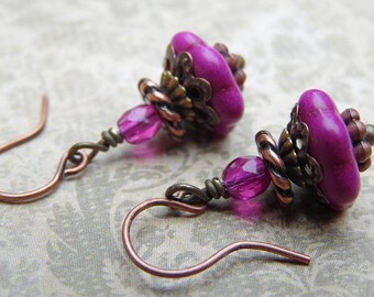 Color Pop Magenta Drops with Magnesite, Czech Glass and Antique Copper