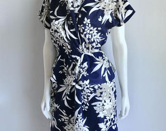 Vintage Women's 80's Floral Peplum Dress, Navy Blue, Short Sleeve by John Richard (S)