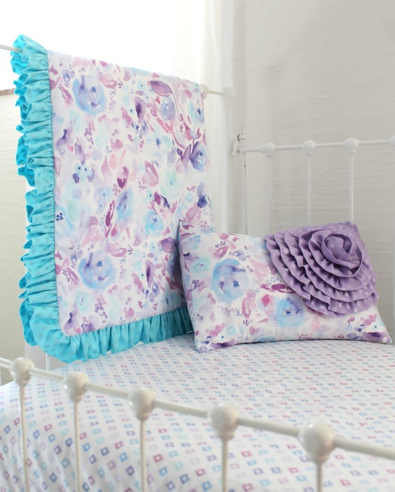 Aqua and Lavender Watercolor Floral Ruffle Trim Crib Blanket