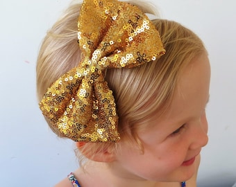Gold Glitter Bow, Gold Hair Bow, Gold Bow, Gold Sequin Bow, Gold Bow Clip, Large Gold Bow Gold Hair Accessories Hair Tie Bow Large Hair Clip