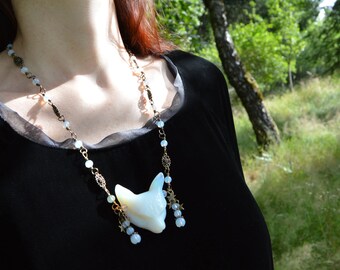 Opalite cat necklace witchy white cat pendant, strega witch jewelry wicca necklace, pastel goth cat jewelry, opalite necklace wiccan jewelry