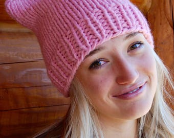 PUSSY HAT PROJECT, Pink Beanie or Hat, Women's March Washington, Hand Knit Pink Wool Acrylic Yarn, Women's Solidarity