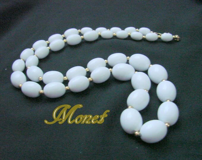 Vintage Monet Designer Signed White Lucite Bead Necklace / Goldtone Beads / Retro Jewelry / Jewellery
