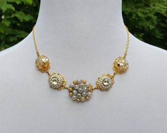 VINTAGE EARRING NECKLACE Bridal Wedding Bridesmaids Gift Charm Necklace One of a Kind Off White Gold Pearls Rhinestone Crystal Unique