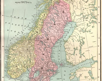 1898 Antique SWEDEN Map NORWAY Map Vintage 1800s Collectible Map Gallery Wall Art Map Collector Gift for Traveler 5646