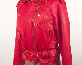 1980s Red Motorcycle Jacket Women's Cropped Red Leather Moto Jacket Wilson's Leather Biker Jacket Gold Metal Hardware 1980s Rocker Punk Sz M