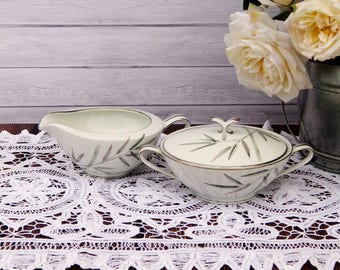 Vintage NORITAKE BAMBINA Sugar Bowl & Creamer Set, Noritake China Japan Bambina 5791 Creamer Sugar Bowl White Green Gray Bamboo Platinum Rim