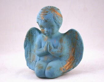 Blue & Gold Terra Cotta Cherub Figure, Blue Gold Angel, Terra Cotta Angel, Figural Terra Cotta Angel, Blue Gold Cherub Statue Figurine