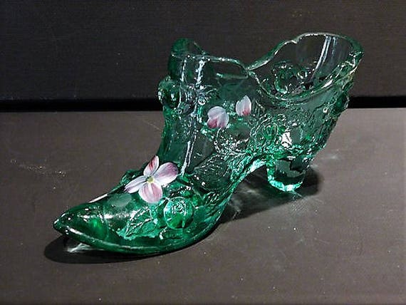 Fenton Glass Shoe Green Cabbage Rose Hand Painted Flowers Artist Signed Vintage 1980s Art Glass Slipper Shoe Collectible Home Decor Display