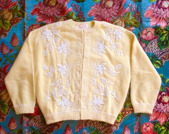 1950's Buttercream Yellow Wool/Angora Blend Beaded Cardigan Sz. S
