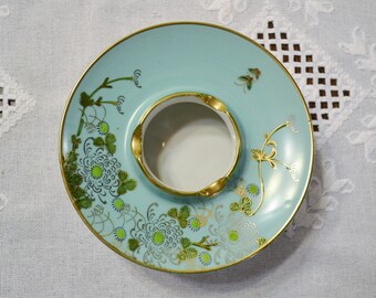 Vintage Ashtray Aqua Blue Floral Design Butterfly Hand Painted Japanese Chinoiserie Mid Century Collectible PanchosPorch