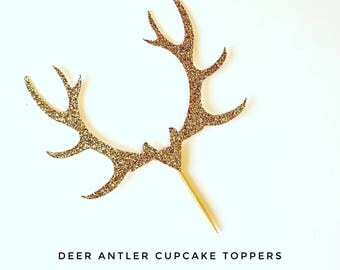 Deer Antler Cupcake Toppers gold glitter! Christmas Party, Boho, Birthday Party, Holiday Party, Rustic