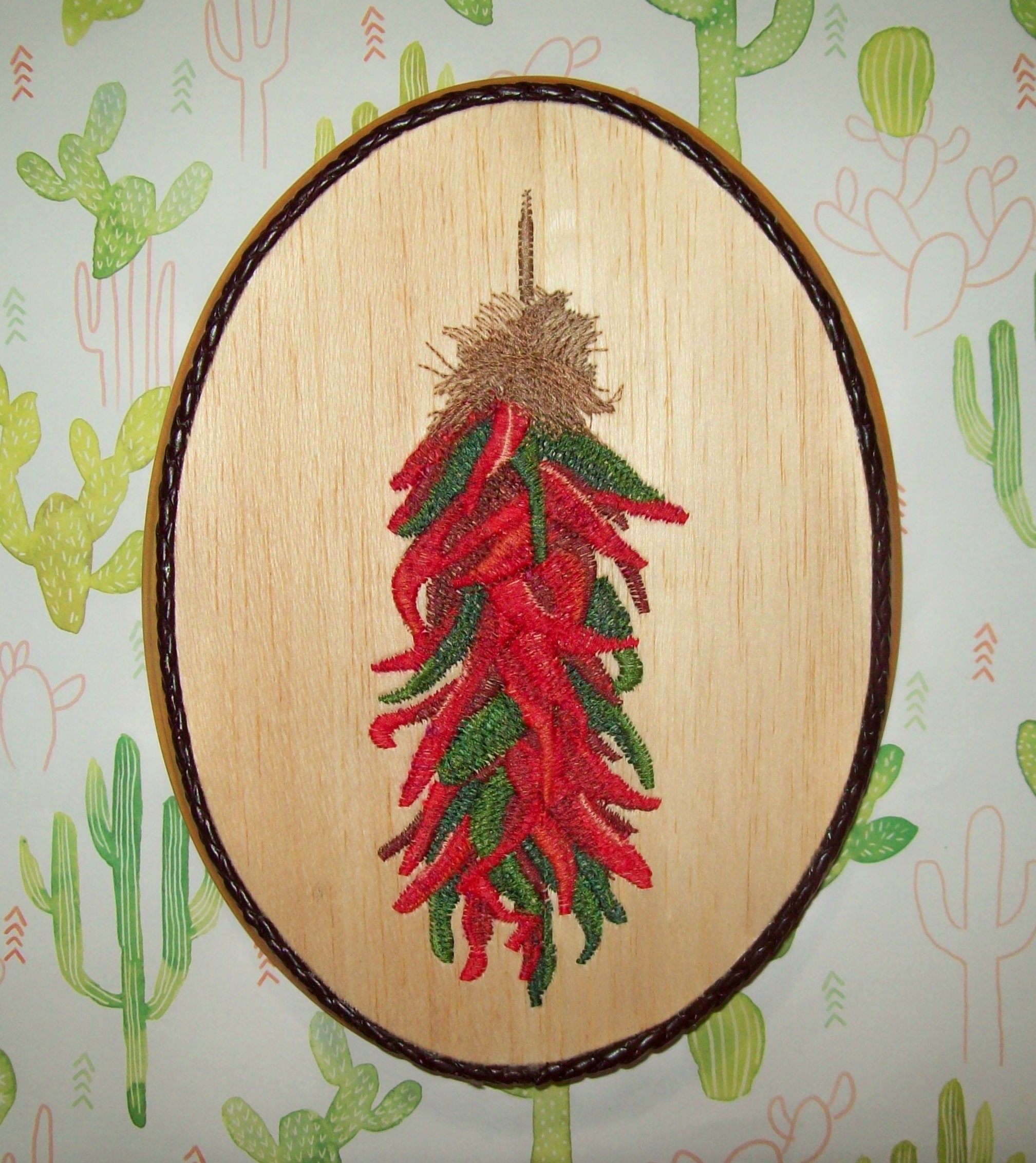 Southwestern Kitchen Decor Chili Pepper Embroidery on Wood