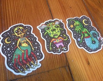 Vinyl Sticker Pack, 3 Stickers, Alien Stickers, Hipster Stickers, Tumblr Stickers, Weatherproof Sticker, Aesthetic, Cool Stickers, Instagram