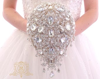 Luxury teardrop jeweled silver crystal brooch bouquet by MemoryWedding. Wedding glamour Gatsby crystal bling cascading.