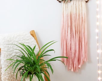 White and Blush Pink Triangle Dream Catcher with Dried Flowers