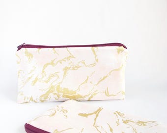 PINK GOLD MARBLE Pouch for Travel or Organize Purse Bag. Cotton Pouch for Makeup or Cosmetics. Cute Makeup Bag. Gift for Her. Pencil Case.