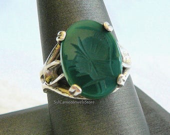 Cameo Ring Roman Warrior Intaglio Carved GREEN Onyx Gemstone Sterling Silver Ring Fine Jewelry