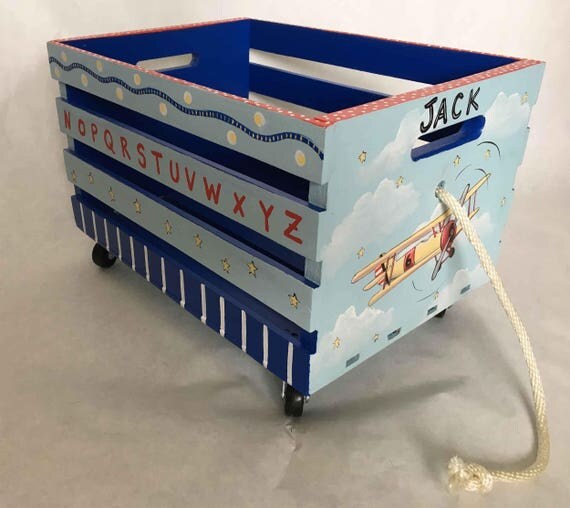 airplane crate toy box book storage hand painted toy box