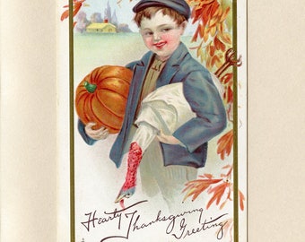 Boy in Fall Scene with Pumpkin and Turkey Thanksgiving Postcard Big Smile Orange Leaves Gold Border Stecher Litho Co Embossed Used - 8479P