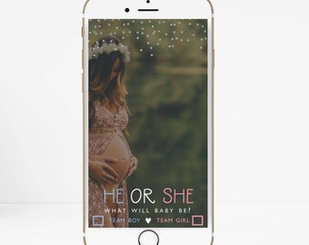 INSTANT DOWNLOAD, Gender Reveal Snapchat Filter, Baby Shower Filter, He or She What Will Baby Be? pink or blue geofilter, Team Blue or Pink