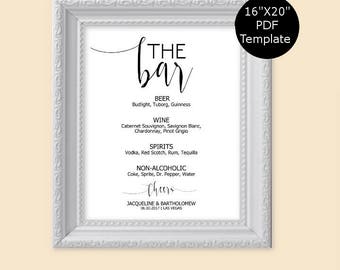 SALE 16"x20" Bar Menu Sign, Drinks Menu Sign, Alcohol Sign, Bar Menu Printable, Editable sign template, Wedding Sign Printable,
